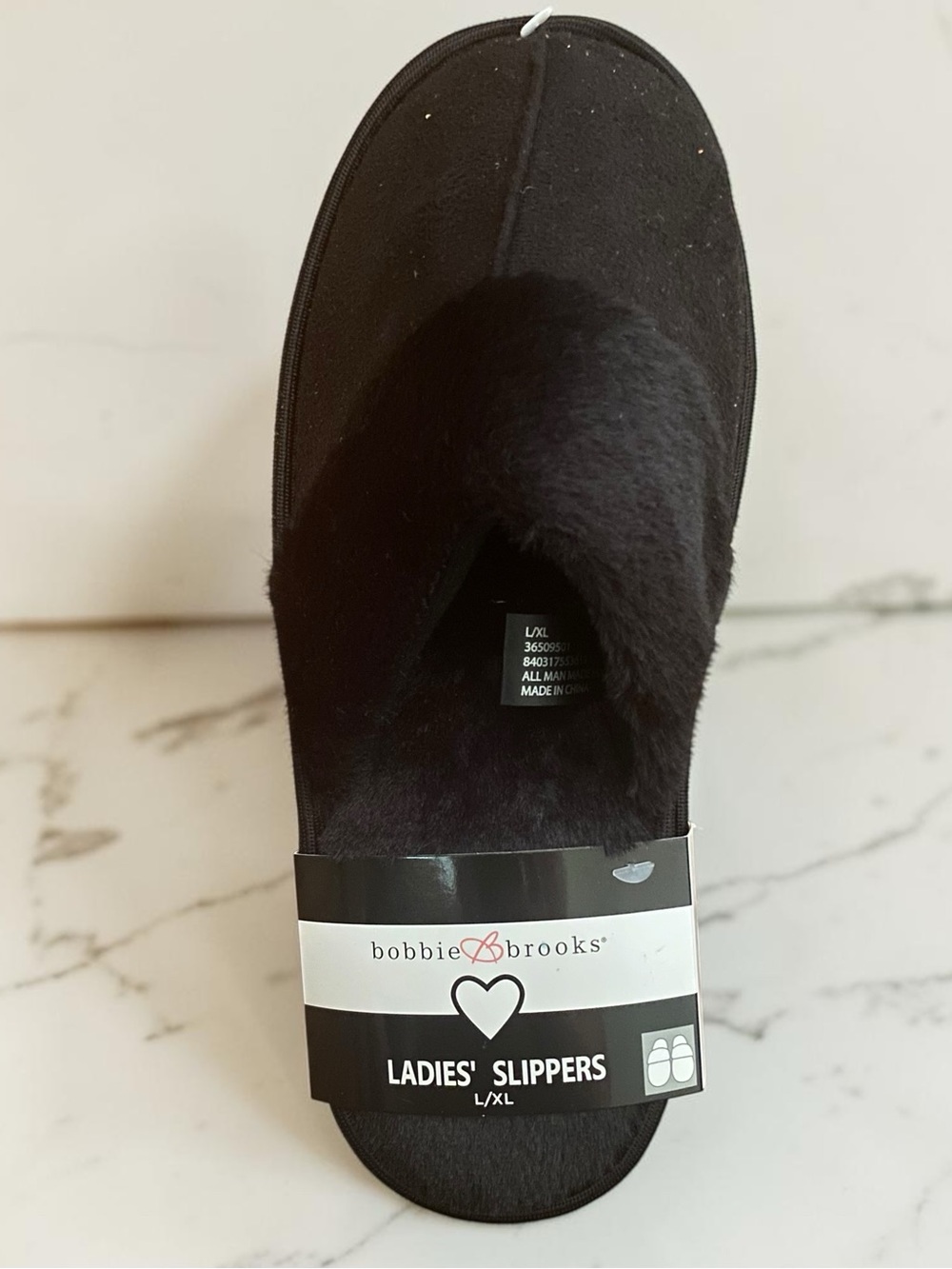 Bobbie Brooks Black Plush Ladies' Slip-On Slippers Size L/XL NEW